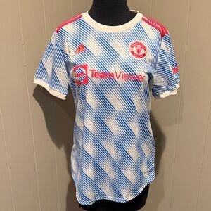 B28 adidas Manchester United Blue Red and White Embroidered Jersey Football